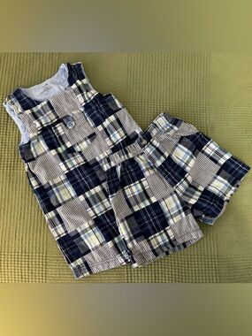 Baby Boy Plaid Shortalls + Shorts in Navy, White & Light Yellow Size 24 Months